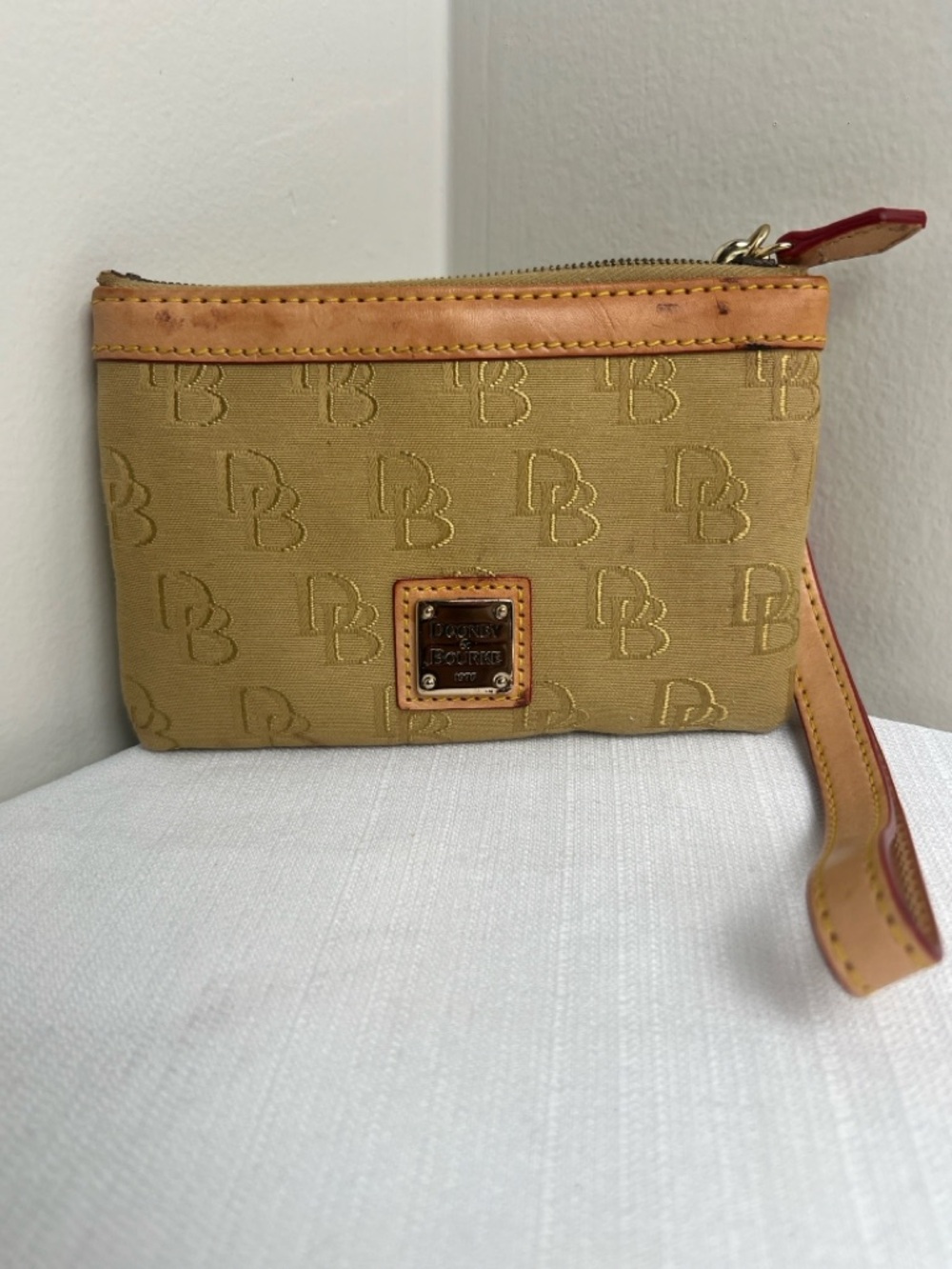 Dooney & Bourke Mustard Gold Signature Wristlet with Tan Trim